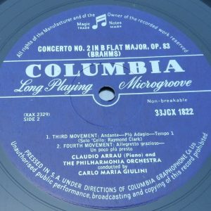 Brahms Piano Concerto No. 2  Claudio Arrau Maria Giulini COLUMBIA 33JCX 1822  lp
