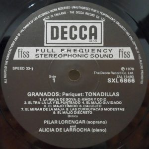 Decca SXL 6866 Lorengar / De Larrocha – Grandos Spanish Songs – Tonadillas