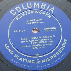 GYORGY SANDOR – BEETHOVEN – CHOPIN – PIANO Columbia Blue label  ML 4193  LP