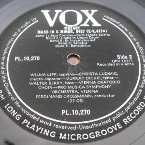 Mozart Mass in C  Lipp Ludwig Dickie Berry Grossmann VOX PL 10.270 lp 1958