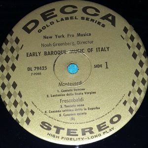 New York Pro Musica Noah Greenberg – Early Baroque Music Of Italy Decca Gold LP