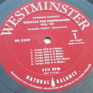 Scarlatti Sonatas for Harpsichord Valenti Westminster WL 5359 lp 1955