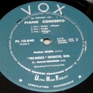 Stravinsky Janacek Honegger Piano Concertos Klien Hollreiser VOX PL 10840 LP ED1