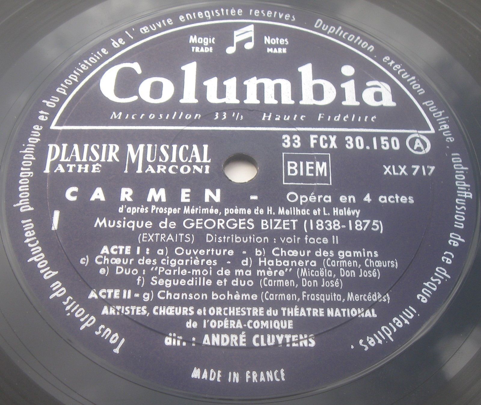 BIZET : CARMEN ( EXTRAITS ) – ANDRE CLUYTENS COLUMBIA FCX 30150 LP