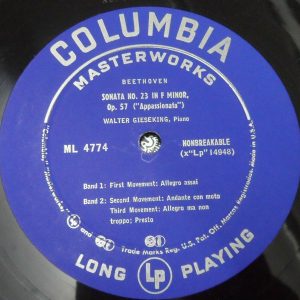 Beethoven Sonata No. 23 / 21 Piano – Gieseking  Columbia Blue label ML 4774 LP