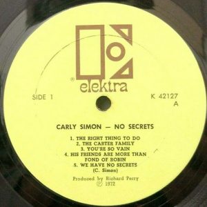 Carly Simon – No Secrets LP 1972 Pop Rock ELEKTRA K42127 + Lyrics sheet