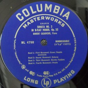 Chopin – sonata No. 2 / 4 ballades casadesus Columbia ‎ ML  4798 Blue label lp