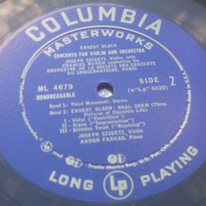 SZIGETI – BLOCH Violin Concerto MUNCH , FARKAS COLUMBIA ML 4679 BLUE LABEL LP EX