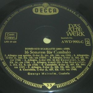 Scarlatti  16 Soneten Fur Cembalo George Malcolm Decca AWD 9901-C  LP