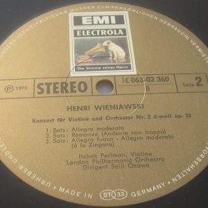 Wieniawski Violin Concerto No. 1 / 2 Perlman / Ozawa HMV ELECTROLA Gold lp EX