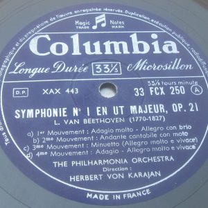 Karajan Beethoven Sym No 1, Ovs Egmont, Leonore No 3 Columbia FCX 250 LP