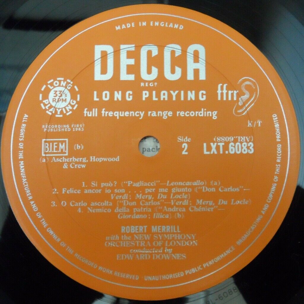 Robert Merrill ‎- Arias Edward Downes Decca LXT 6083 lp England 1963 EX