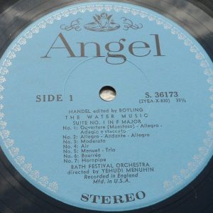 Handel : Water Music Yehudi Menuhin  ANGEL S 36173 USA lp EX