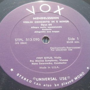 MENDELSSOHN / BRUCH – VIOLIN CONCERTIS Gitlis / Swarowsky VOX STPL 513.090 LP