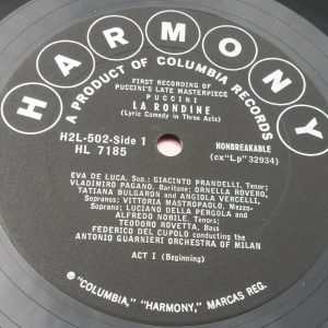 Puccini La Rondine del Cupolo de Luca Prandelli COLUMBIA HARMONY 2 LP 1955 EX