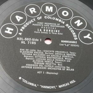 Puccini La Rondine del Cupolo de Luca Prandelli COLUMBIA HARMONY 2 LP 1955 EX