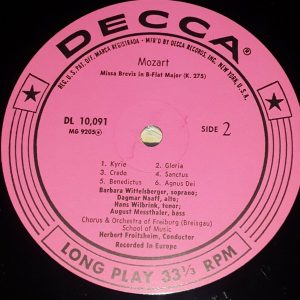 Schubert / Mozart ‎– Mass In G / Missa Brevis Froitzheim Decca DL 10091 LP EX
