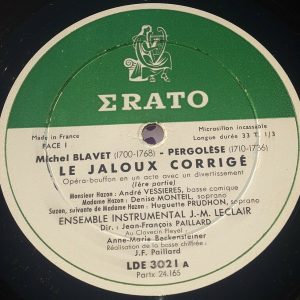 blavet – pergolese : le jalous corrige paillard /  leclair   ERATO LDE 3021 lp