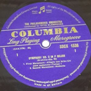 Brahms Symphony No. 3 Klemperer Columbia Blue Gold 33CX 1536 lp