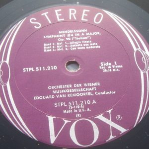Mendelssohn Symphony No. 4 / Tchaikovsky Capriccio Italien Van Remoortel VOX LP