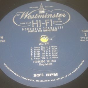 Scarlatti Sonatas For Harpsichord Valenti Westminster ‎WN 18153 LP 1956