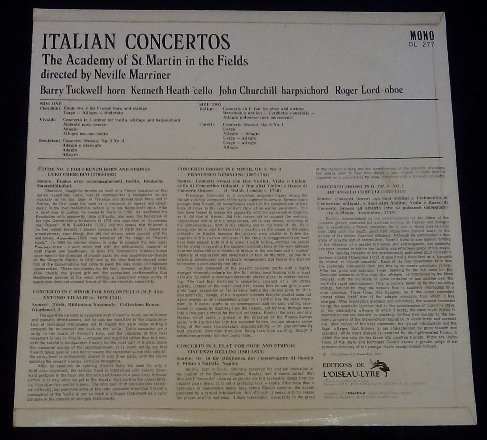 Cherubini Vivaldi Geminiani Bellini Corelli Marriner L'Oiseau-Lyre LP ...