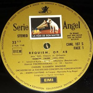 Faure Requiem  Fischer-Dieskau Cluytens de Los Angeles  HMV CANL 107 Gold LP EX