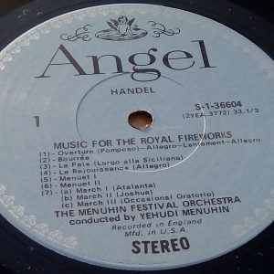 Handel : Music For The Royal Fireworks  Menuhin   Angel S 36604 LP