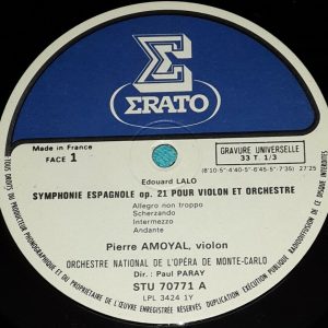 Lalo – Pierre Amoyal Paul Paray Symphony for Violin Orchestra Erato STU 70771 LP