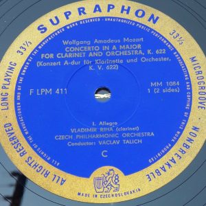 Mozart ‎– Concerto For Clarinet & Orchestra Riha Talich Supraphon LPM 411 LP 10″