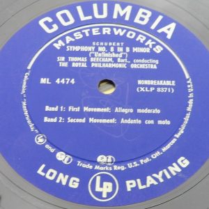 Schubert / Mozart – Symphony 8 / 31 Beecham Columbia Blue label ‎ML 4474 lp 50’s
